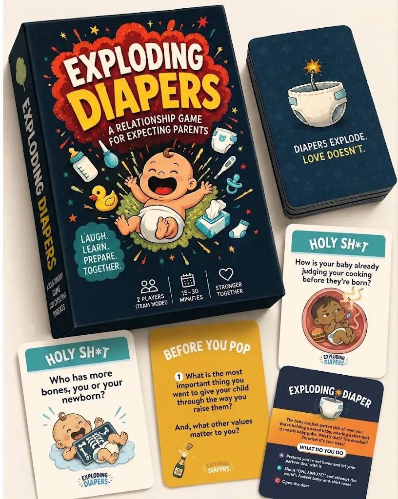 Exploding Diapers card game box with a deck and sample question cards