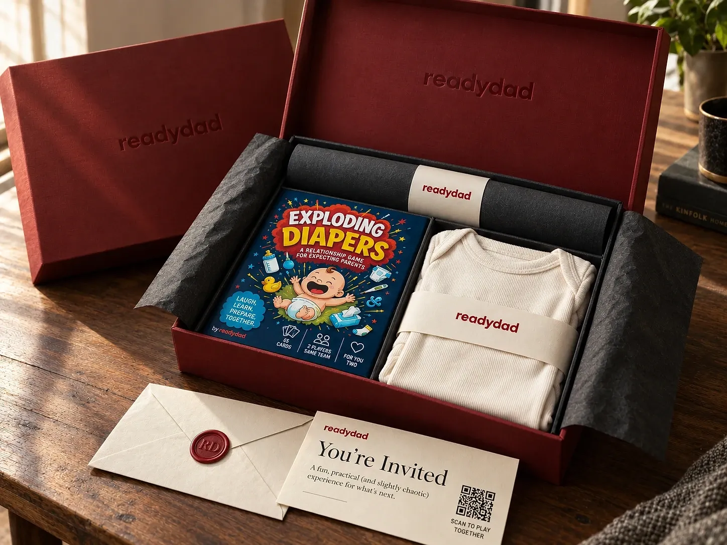 Red Ready Dad gift box, opened, with the Exploding Diapers card game, a rolled-up poster, a baby bodysuit and an invitation card